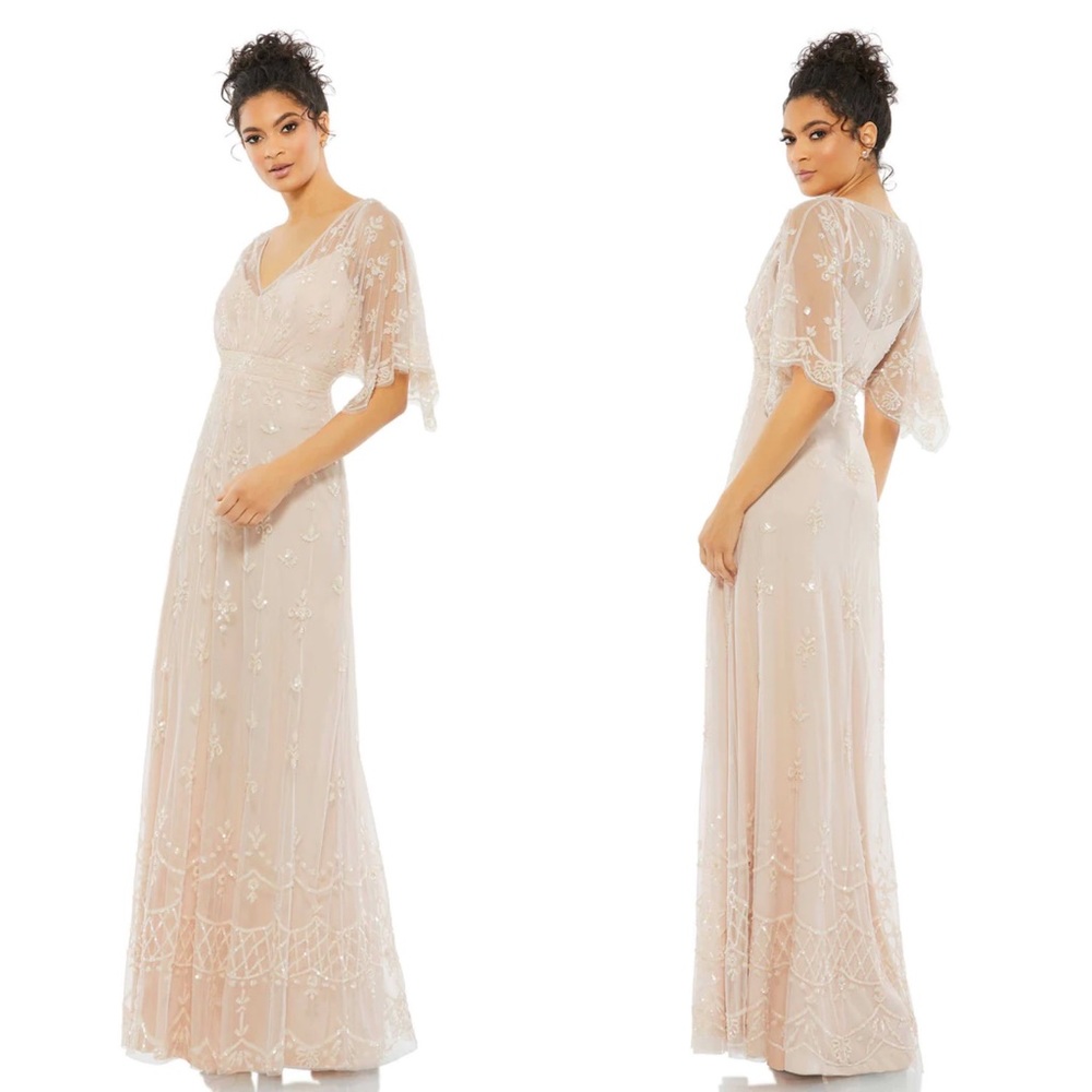 New Mac Duggal Blush V Neck Flutter Sleeve Embellished Mesh Gown, Size 10